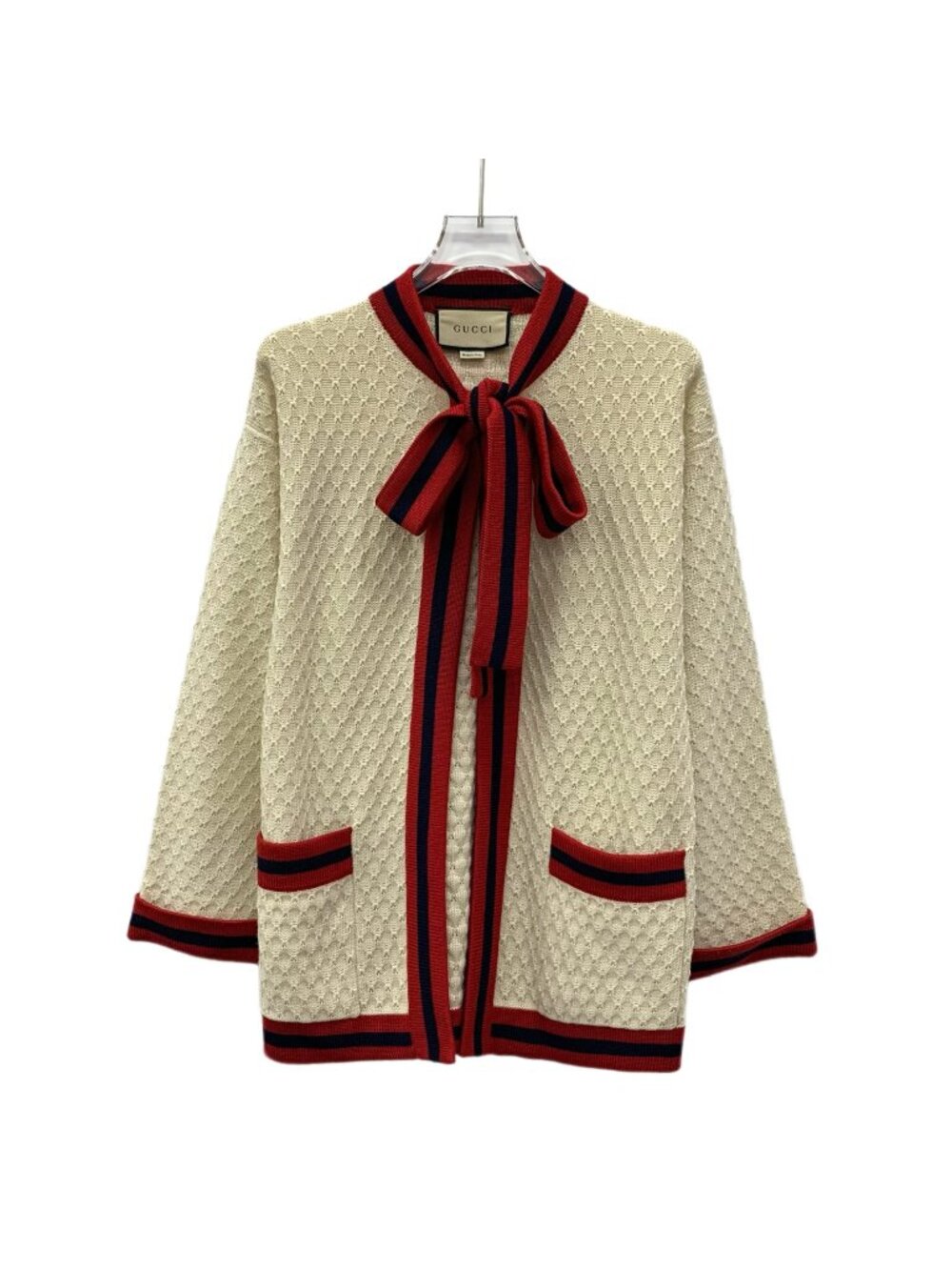 Gucci Beige Striped Wool Bow-Tie Knit Cardigan